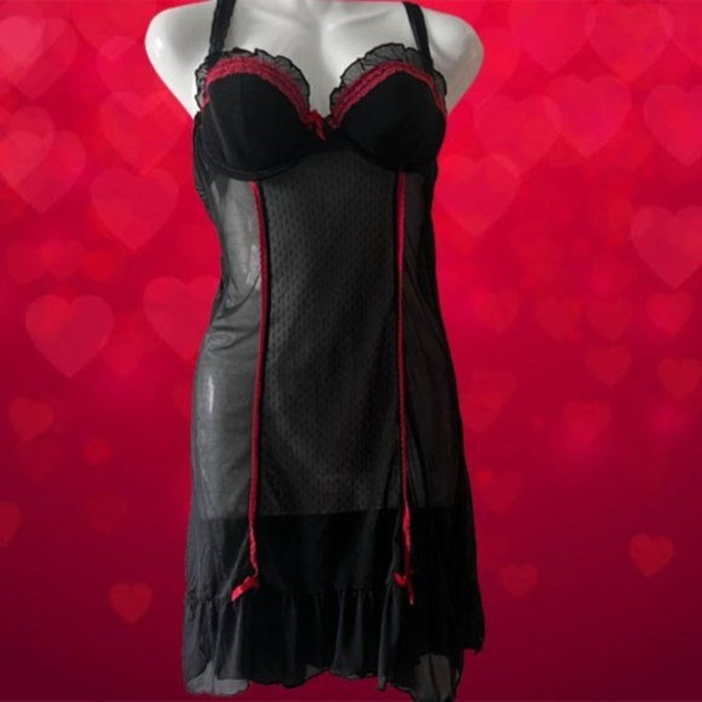 Babydoll Slip Lingerie Black Push-Up Bra Sexy Lace & Mesh Elana Intimates XL
